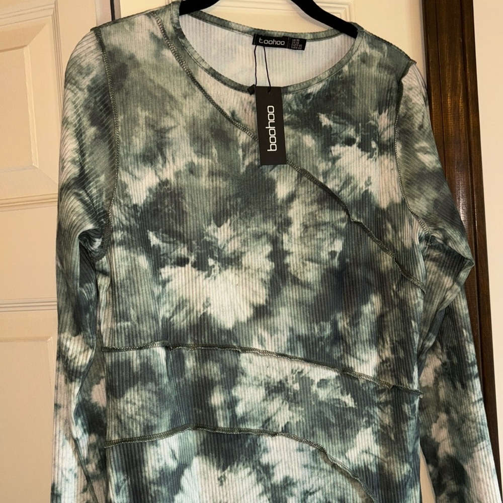 NWT green and white abstract midi dress seam detail size 14 stretchy - Picture 2 of 7